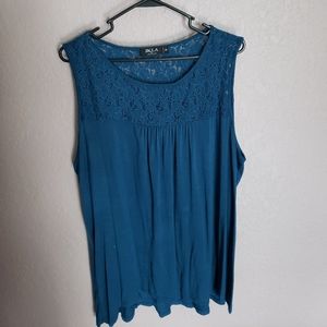 Blue tank with lace neckline